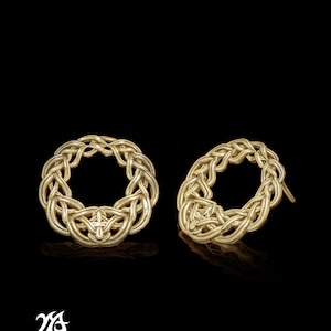 Pendientes de oro amarillo de 14 quilates con filigrana de estilo celta, pendientes redondos con botón, pendientes con trabajo de alambre, estilo antiguo, pendientes de tejido romántico