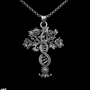 Puede incluir: Un collar con un colgante de plata que representa un árbol con una doble hélice de ADN como tronco y cinco flores de rosa. El colgante está en una cadena de plata.