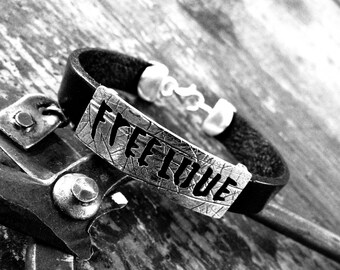 Depeche Mode jewelry, silver and black leather cuff, unisex bracelet, quote cuff, music lovers gift, 80s music cuff, leaves texture cuff