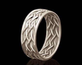 A 14K white solid gold wedding ring, knitting texture ring, weaving texture unisex ring, heavy ring, unique texture ring, wide marriage band