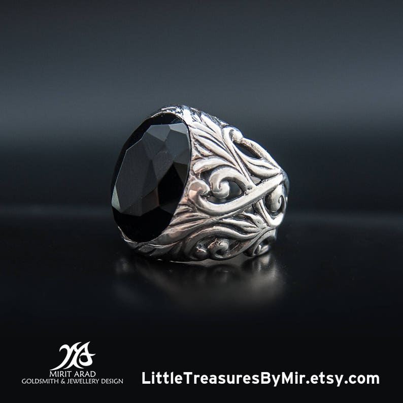 rock ring Depeche Mode ring huge statement ring leaves carving ring Onyx gem ring sterling silver Ethnic style ring natural black gem
