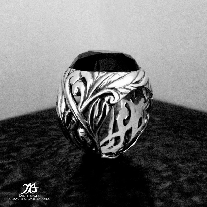 rock ring Depeche Mode ring huge statement ring leaves carving ring Onyx gem ring sterling silver Ethnic style ring natural black gem