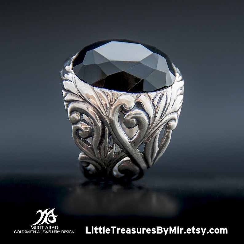 rock ring Depeche Mode ring huge statement ring leaves carving ring Onyx gem ring sterling silver Ethnic style ring natural black gem
