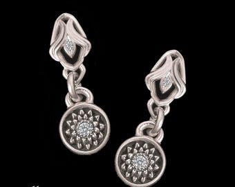 Pendientes de oro blanco macizo de 14 k inspirados en girasoles con engaste de diamantes.