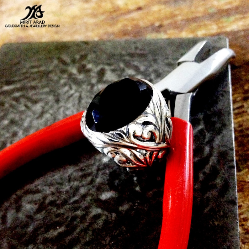 rock ring Depeche Mode ring huge statement ring leaves carving ring Onyx gem ring sterling silver Ethnic style ring natural black gem