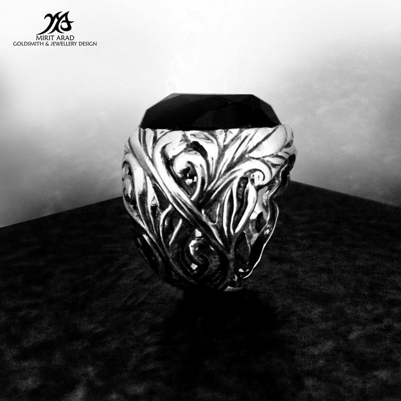 rock ring Depeche Mode ring huge statement ring leaves carving ring Onyx gem ring sterling silver Ethnic style ring natural black gem