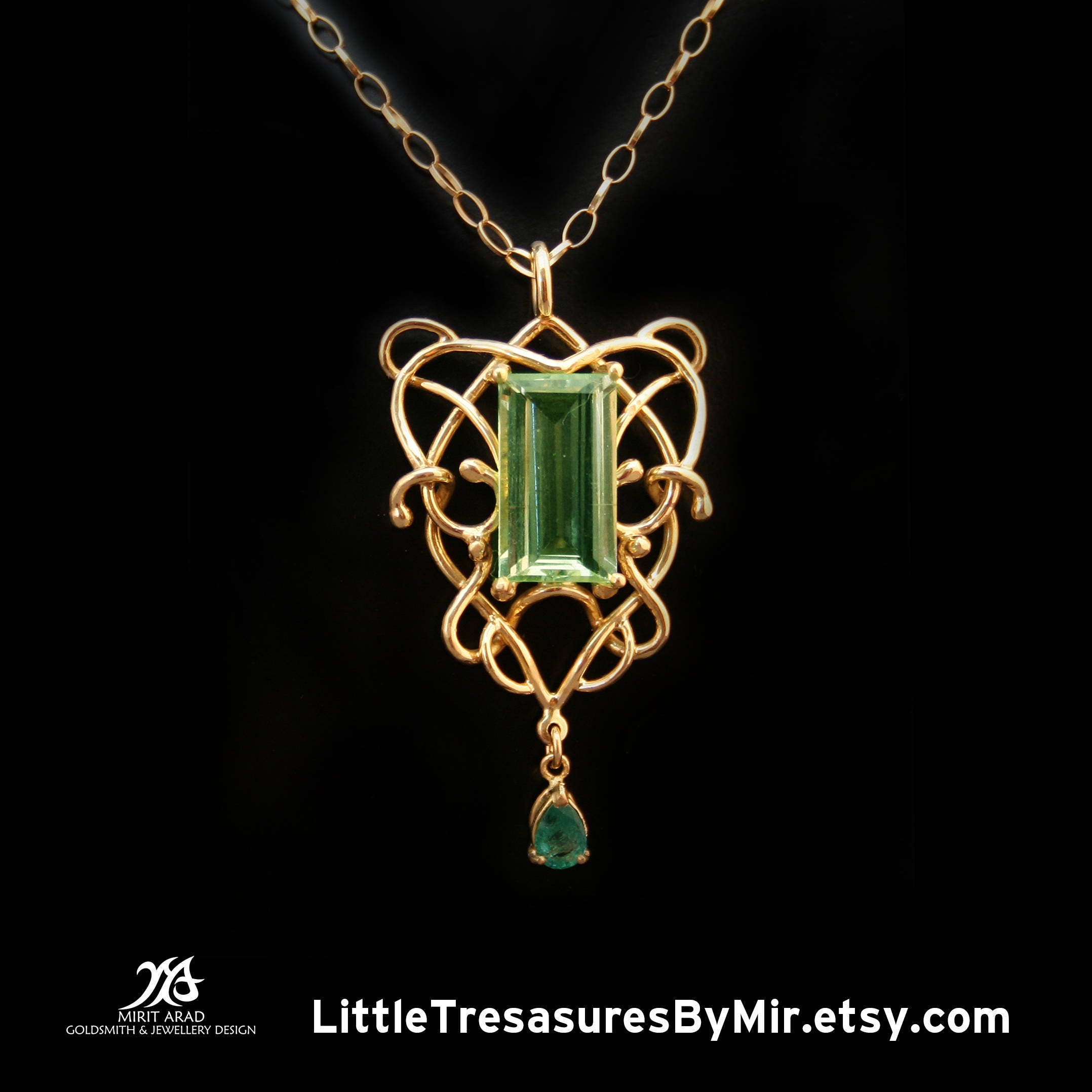 Gold Filigree Locket Necklace Green Stone