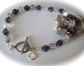 Hematite and Crystal Beaded Bracelet. Sterling Silver.