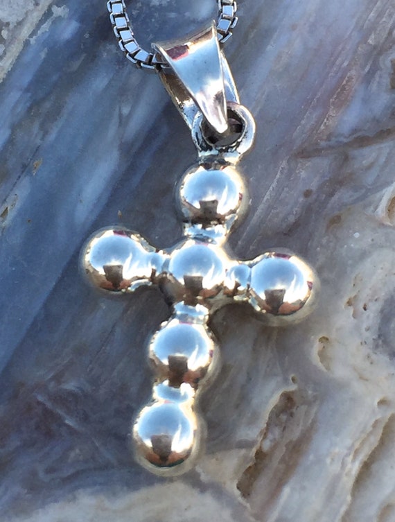 Puffy Cross Pendant on Box Chain. Sterling Silver. - image 5