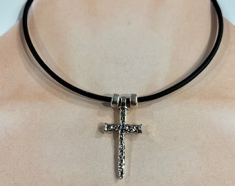 Nail Cross on Black Leather Cord. Sterling Silver.