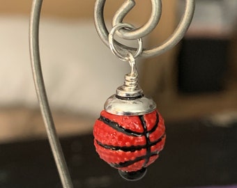 Basketball Charm ONLY. Orange. Sterling Silver end cap and jump ring.