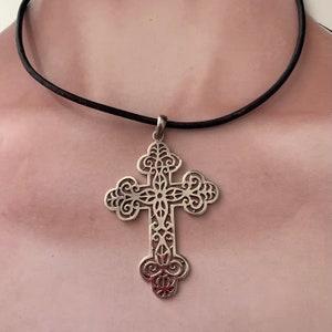 Cross Pendant on Black Leather Cord. Filigree. Sterling Silver.