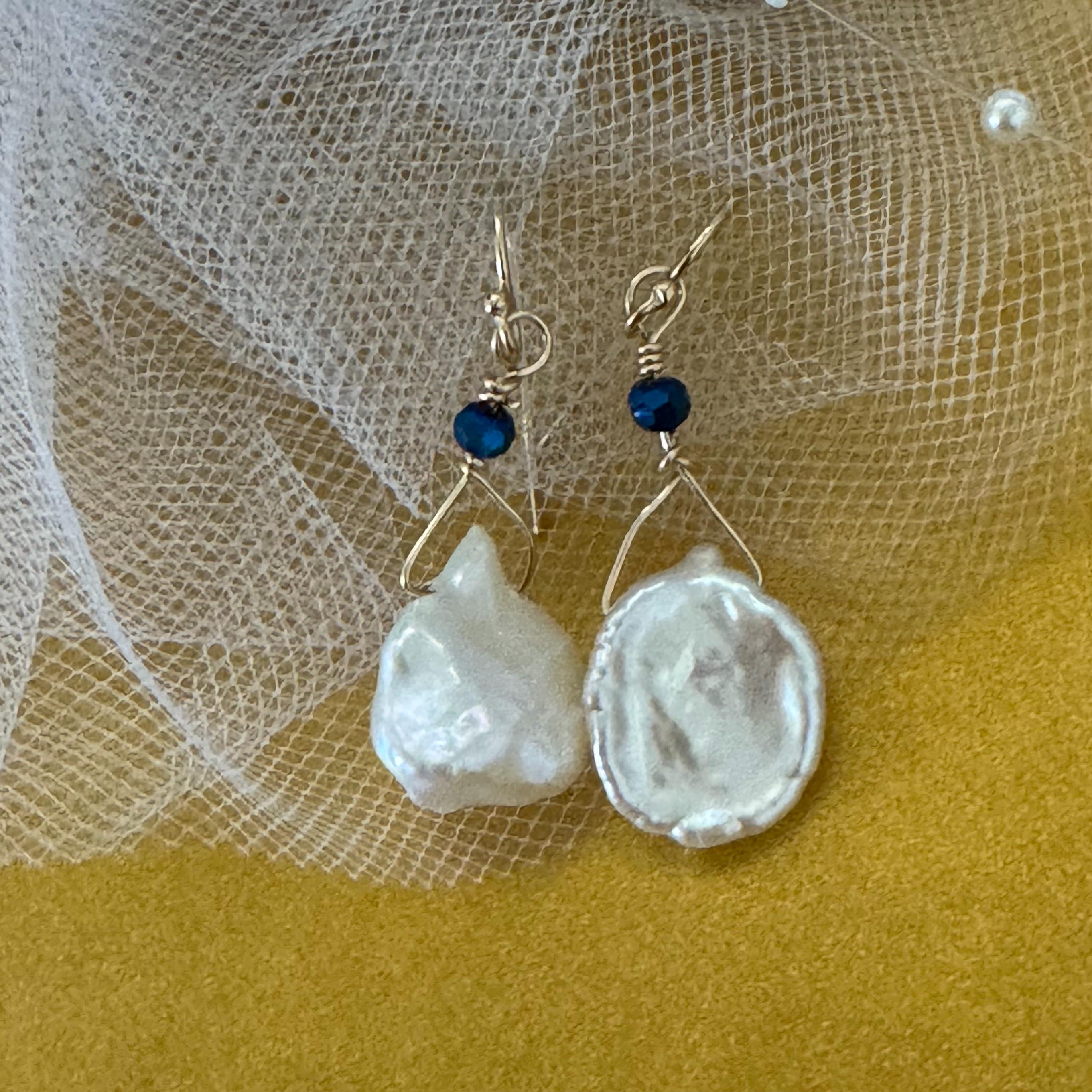 Keshi Freshwater Pearl Earrings. Swarovski bicone bead. Gold Filled.