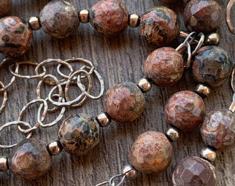 Jasper Bead Necklace Earring Set. Sterling Silver.