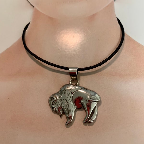 Buffalo Pendant on Black Leather Cord. Sterling Silver. Water Buffalo Pendant.