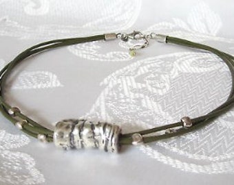 Silpada Slider on Green Leather Cords. Sterling Silver ELECTROFORM Tube Slider.