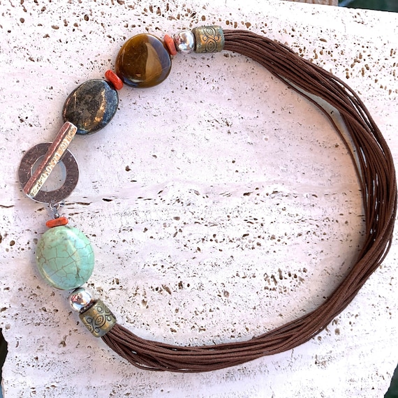 Silpada Howlite Turquoise Tiger Eye Pyrite Sterling Silver Multi Strand Necklace.