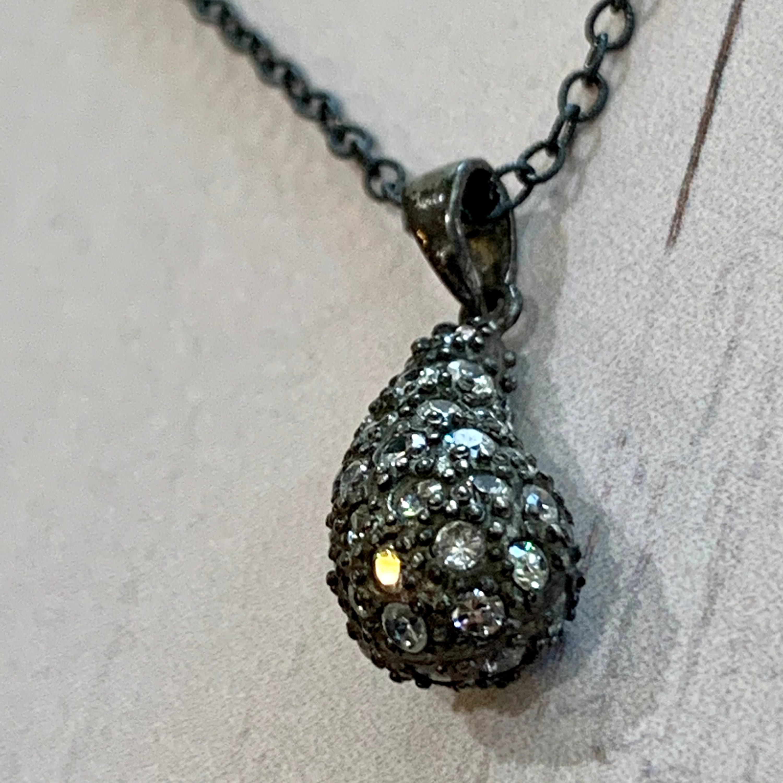 CZ Teardrop Pendant on Sterling Silver Oxidized Chain. - Etsy