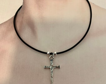 Nail Cross on Black Leather Cord. Sterling Silver Rustic Hammered Cross.
