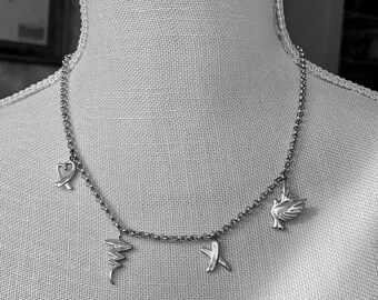 Charm Necklace. Heart, Whirlwind, Kisses, Bird Charm Necklace. Sterling Silver.