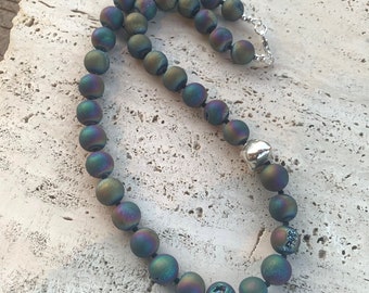Druzy Rainbow Quartz Necklace. Sterling Silver Accent bead.