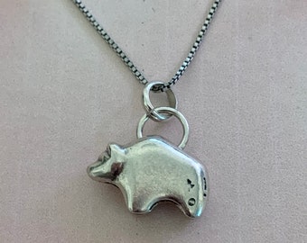 Bear Pendant on Box Chain. Sterling Silver. Sunwest markings.