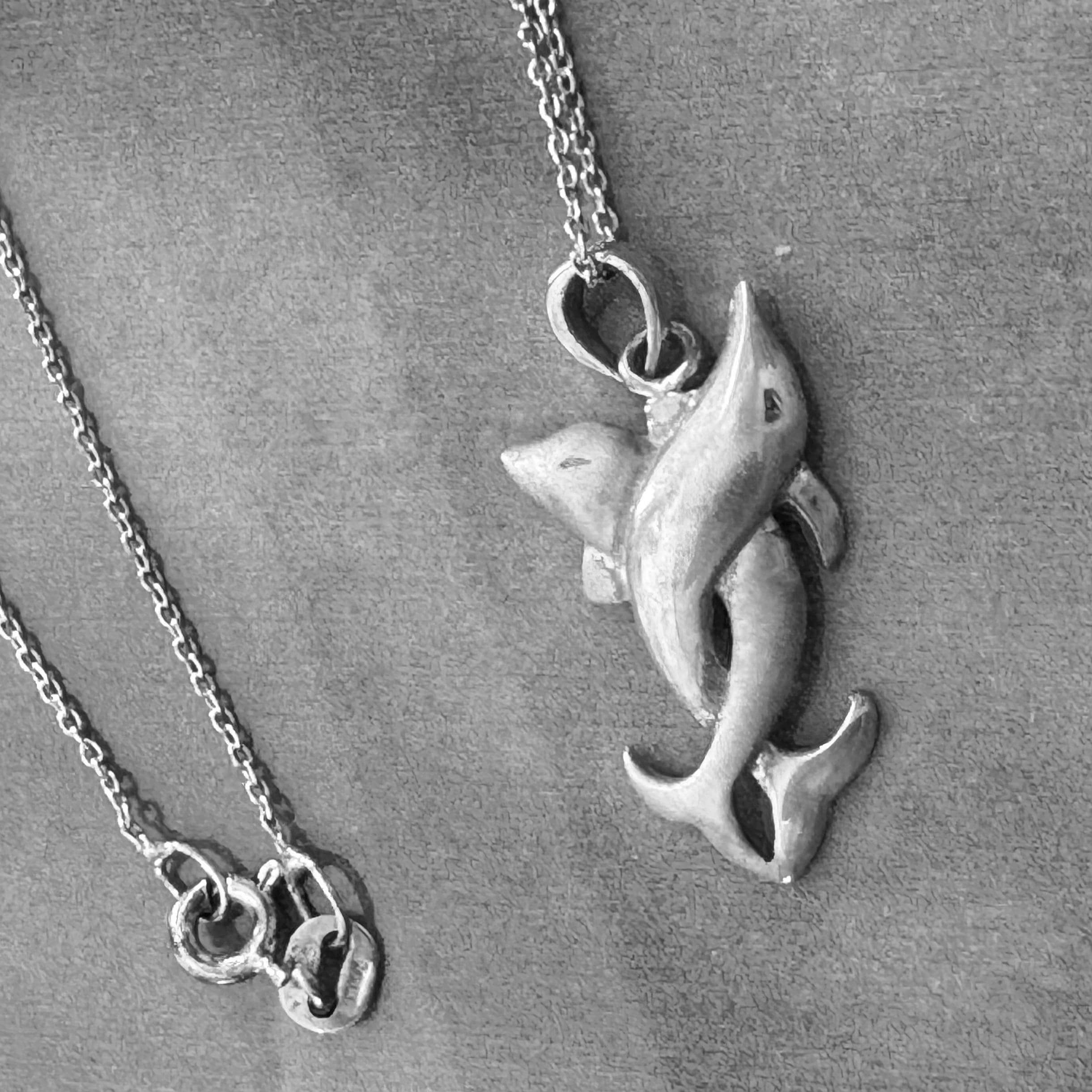 Dolphins Necklace. Sterling Silver. Double Dolphin Pendant and