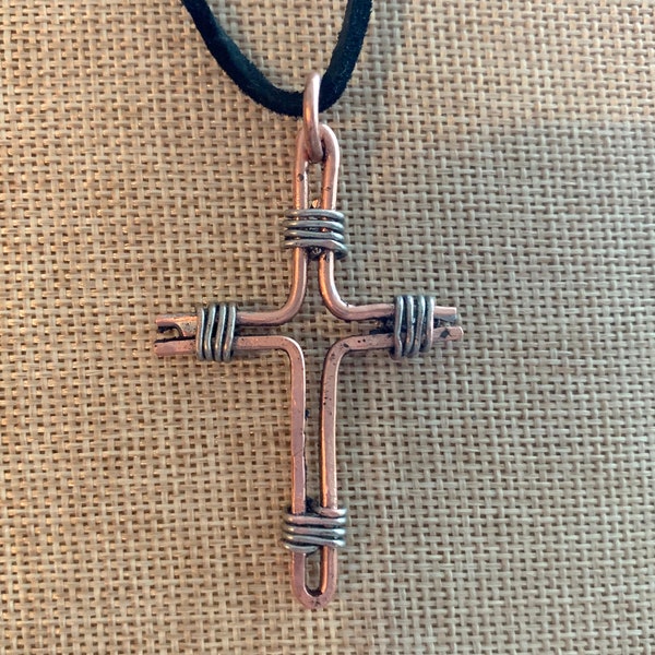 Cross on Suede Cord. Copper Hand Made Cross Pendant.