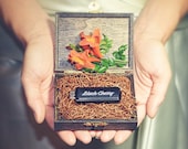 Personalized USB Flash Drive Hinged Box, wood burned usb packaging for photographers, BLACK CHERRY