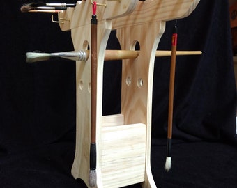 Mo's Tall Happy Brush Tree - Pine Wood Artist's Brush Holder - Dryer - Caddie - Handmade in Hot Springs Village AR USA - Unique Artist Gift