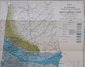 1886 Alabama Geological Map showing Cenozoic & Mesozoic Strata By Eugene Allen Smith, Antique Original Lithograph Mobile Bay, Gulf of Mexico