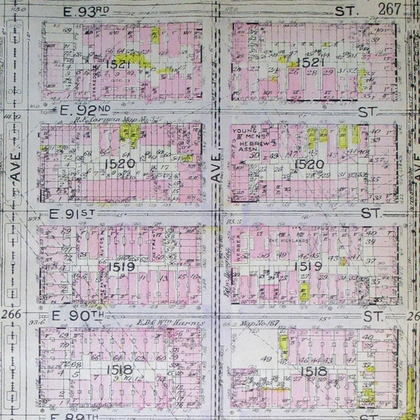 1912 Upper East Side of Manhattan, East 87th St to E 93rd St between Park Lexington 3rd & 2nd Avenue. Original Antique Map New York City NYC