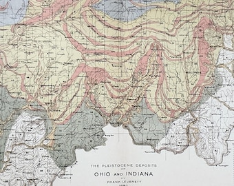 1898 Antique Map Ohio & Indiana Counties, Geological Map of Counties. Antique Lithograph, 100 + years Old Vintage OH IN Pleistocene Deposits