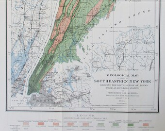 1895 Brooklyn New York to Haverstraw Bay Geologic map, Southeastern NY showing Distribution of Building Stones. Antique Vintage Map Original