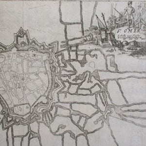 Saint-Omer, France Map from 1720. River Aa, Citadel and Fortifications. Harrewyn Copper-plate Engraving
