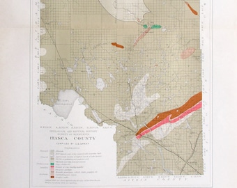 1901 Itasca &  Koochiching County Minnesota Rainy Lake, Black Bay,Hannaford, Lake Winnibigoshish, Swan River Original Antique Map. Railroads