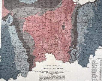1898 Ohio and Indiana Geological Map , Showing Formations, Coal Measures, Shale etc. Antique Lithograph, Over 100 years Old. Vintage OH IN