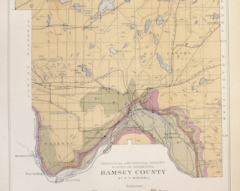 1901 Ramsey County Minnesota-St Paul, White Bear Lake, Gervais Lake, Lake Como, State Fair Grounds- Antique Geological Map, Railroads