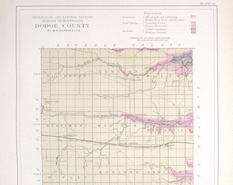 1901 Dodge County Minnesota MN Concord Berne Wasioja Mantorville Kasson Claremont, Rice Lake, Zumbro River Branches. Antique Map Railroad