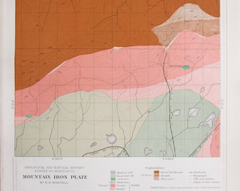 1901 Mountain Iron  Minnesota Area - Mashkenode and Manganika Lakes. Wagon Roads, Railroads Original Antique Geological Map by Winchell.