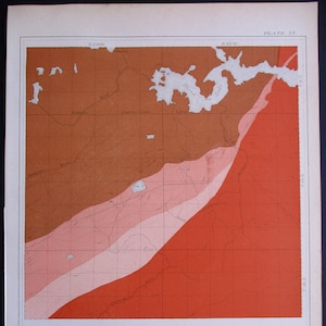 May include: A vintage map of the Dunka River Plate in Minnesota, showing geological and natural history features. The map is divided into different colored sections, representing various geological formations. The map includes text labels for different locations and features, such as "English", "Correction", "Little", "Big", and "Dunka River".