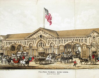1864 Fulton Ferry New York, Brooklyn Steamboat Ferry Line.  Antique Original Lithograph, Historic New York City Building