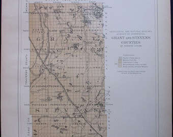 1901 Grant & Stevens County Minnesota MN Herman Morris Hancock Chokio Wheeler, Moose Island, Elbow Lake, Pelican Lake. Original Antique Map