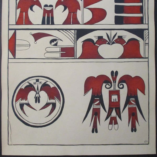 1925 Hopi Double-Bird Conventional Designs, Antique Original Lithograph by Inez Westlake, printed by Perleberg. Native American Indian