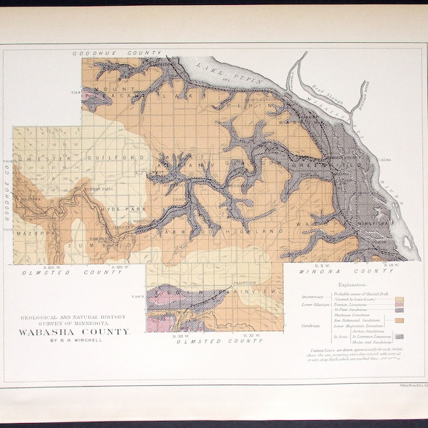 1901 Wabasha County Minnesota MN Reads Landing, Kellogg Plainview Mazeppa Hammond Millsville Tracy Donnelly Elgin, Lake Pepin. Antique Map
