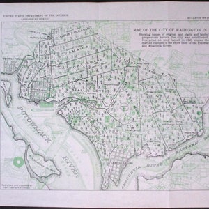 May include: A vintage map of Washington D.C. in 1792, showing original land tracts and proprietors. The map, with green and black ink, includes the Potomac and Anacostia Rivers, and the text "United States Department of the Interior Geological Survey."