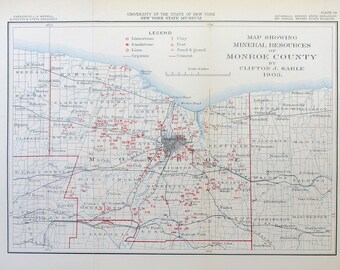 1903 Monroe County Map New York Mineral Resources. Rochester Pultneyville Lakeside Charlotte, Forest Lawn, Ontario & Manitou Beach NY.
