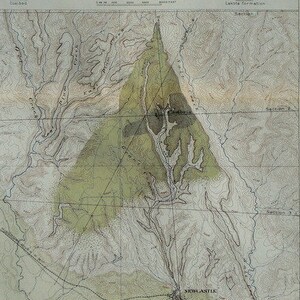 May include: A detailed map and sections of the Cambria Coal Field near Newcastle, Wyoming, from the U.S. Geological Survey. The map features contour lines, geological sections, and a vertical scale. The text includes the title, author, and a scale of 30 feet.