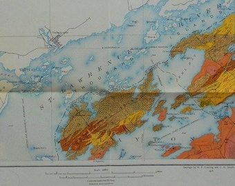 1911 New York. Grindstone Island Quadrangle. Layton, St. Lawrence River, Thousand Islands, Eel Bay. Geological Map. Original Antique.