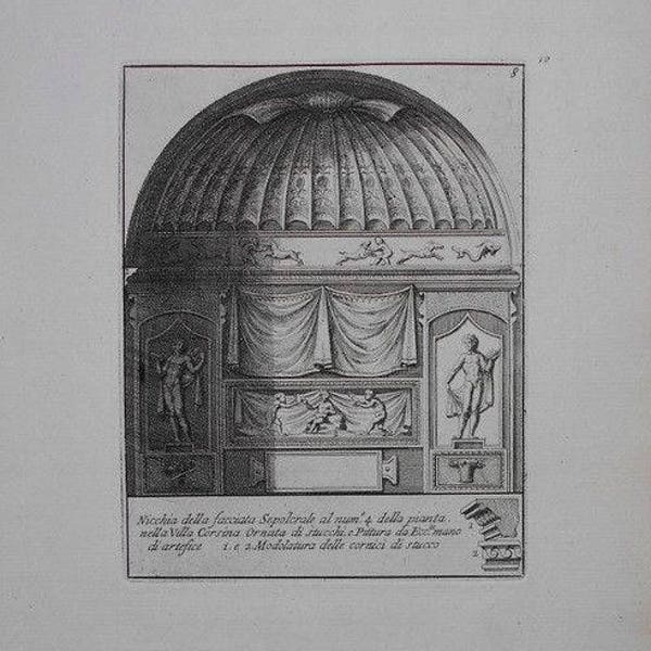 1692 Pietro Bartoli Engraving of a Niche in the Facade of a Sepulcher near Villa Corsina (Corsini) Rome Italy. Antique. Over 300 years old